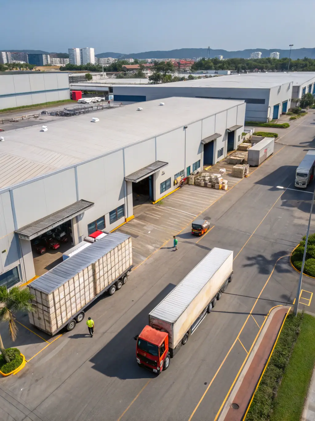 A well-maintained industrial warehouse with trucks loading and unloading, representing Dynasty Acquisitions' investment in industrial assets.